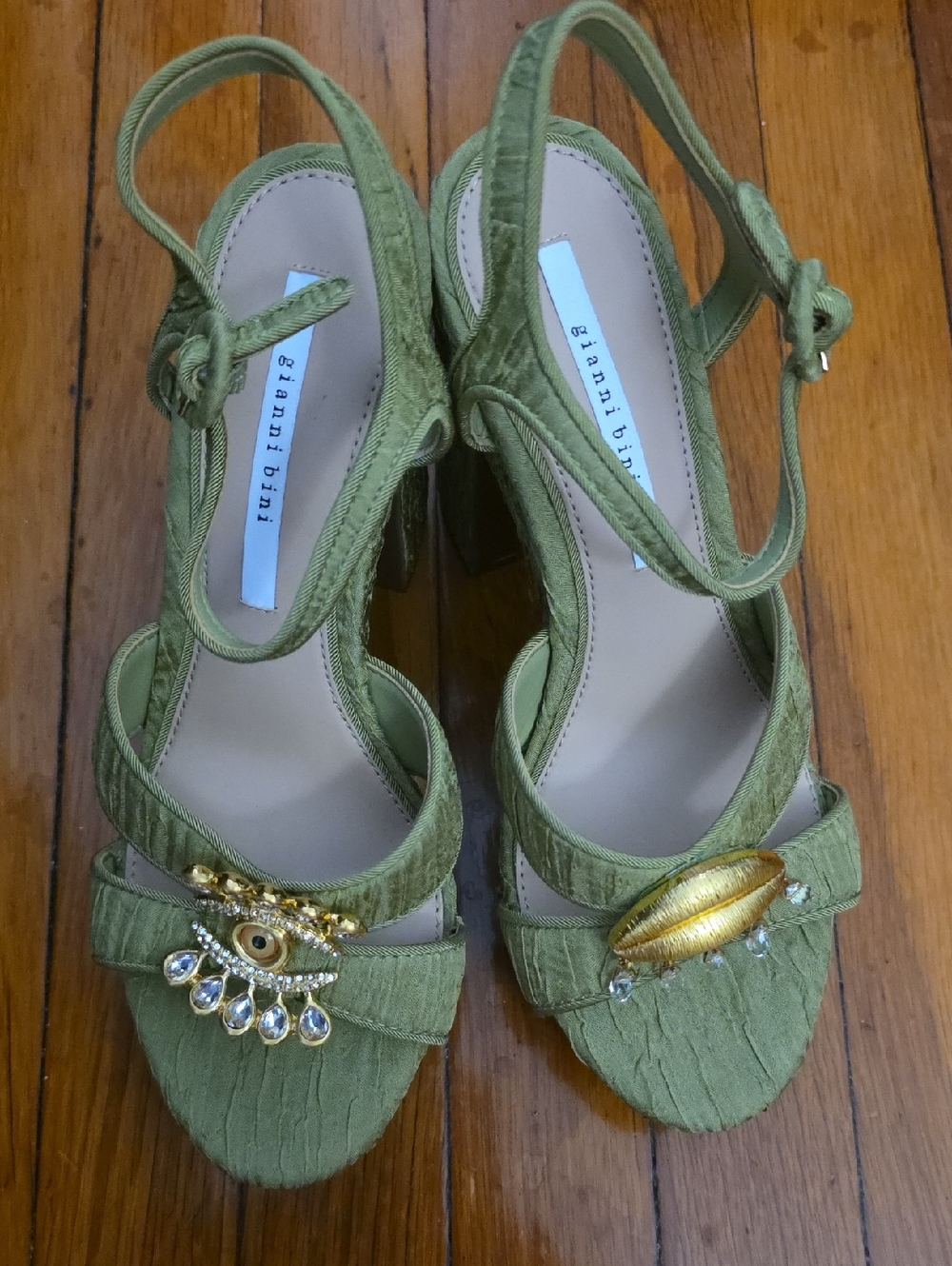 Gianni Bini Olive Green Embellished Ankle-Strap Heels - Picture 1 of 5
